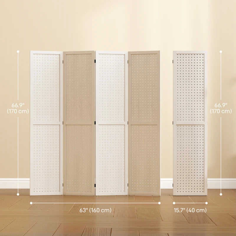 5.6 Ft. Tall 4-Panel Room Divider, Pegboard Panel Folding Privacy Screen, Partition Wall Divider for Bedroom, White