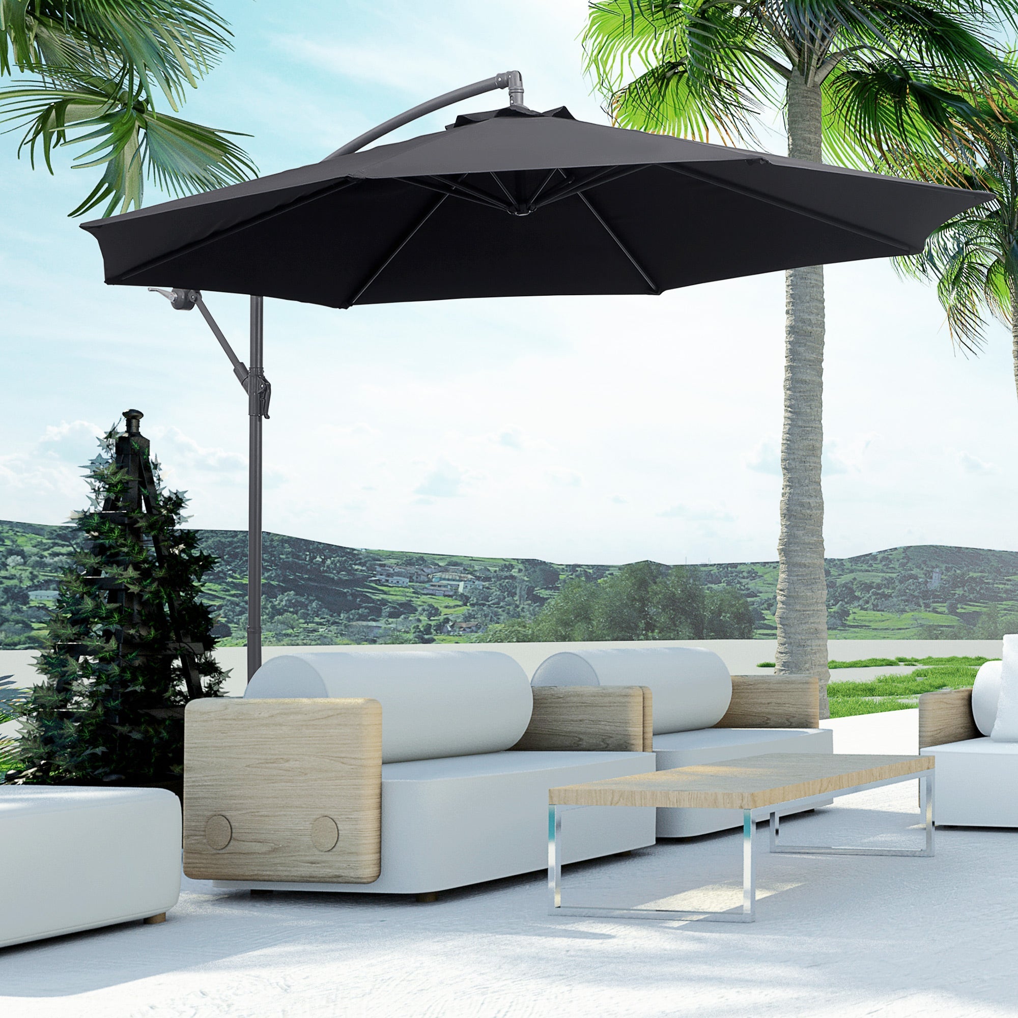 Outsunny Φ10' Offset Hanging Umbrella Patio Sun Shade Canopy Outdoor Market Parasol Crank Lift Cross Base Black 
