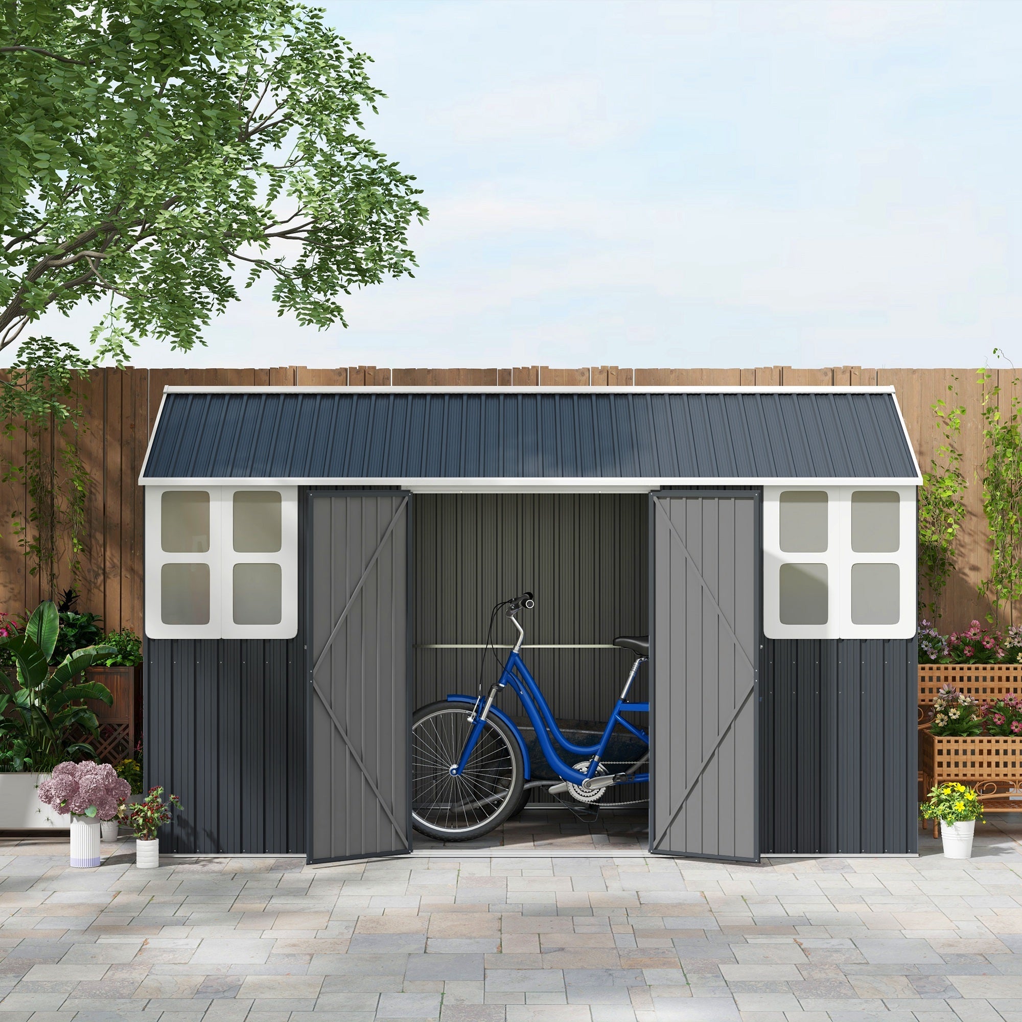 Outsunny Metal Garden Shed 12' x 5.5' Outdoor Storage Building Lockable Door Vents Sloped Roof Dark Grey 