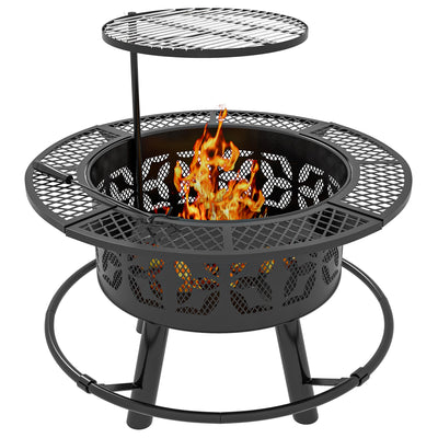 Outsunny Portable Fire Pit BBQ Grill Wood Burning Adjustable Grate Poker 33" Black 