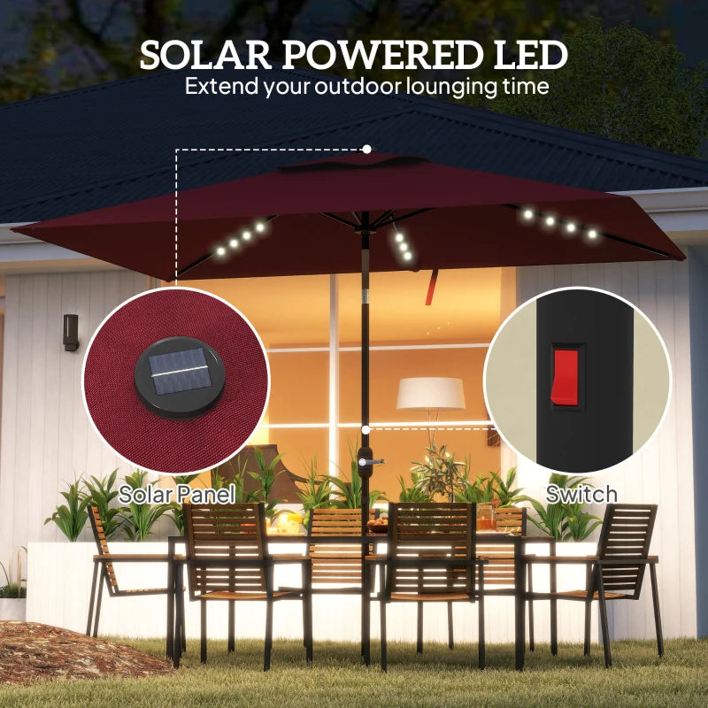 6' x 10' Patio Umbrella with 22 LED Solar Lights and Tilt, Rectangular Outdoor Table Umbrella with Crank, Wine Red