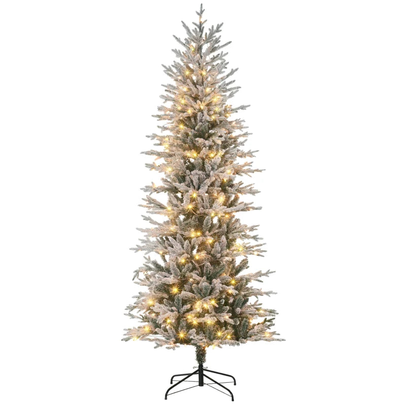 HOMCOM 7.5' Pre Lit Artificial Flocked Christmas Trees, with Snow Branches, Warm Yellow Clear Lights, Auto Open, Extra Bulb
