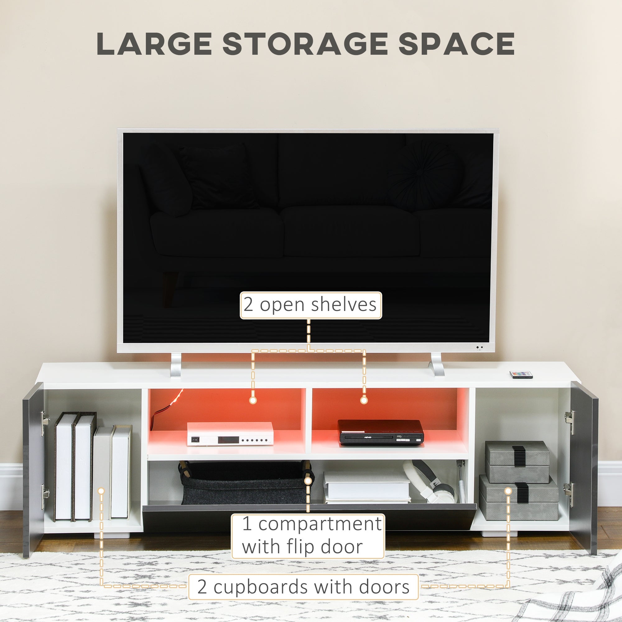 HOMCOM TV Unit for 60 Inch TVs LED Lights Storage Shelves Modern Grey Spacious Living Room Furniture 
