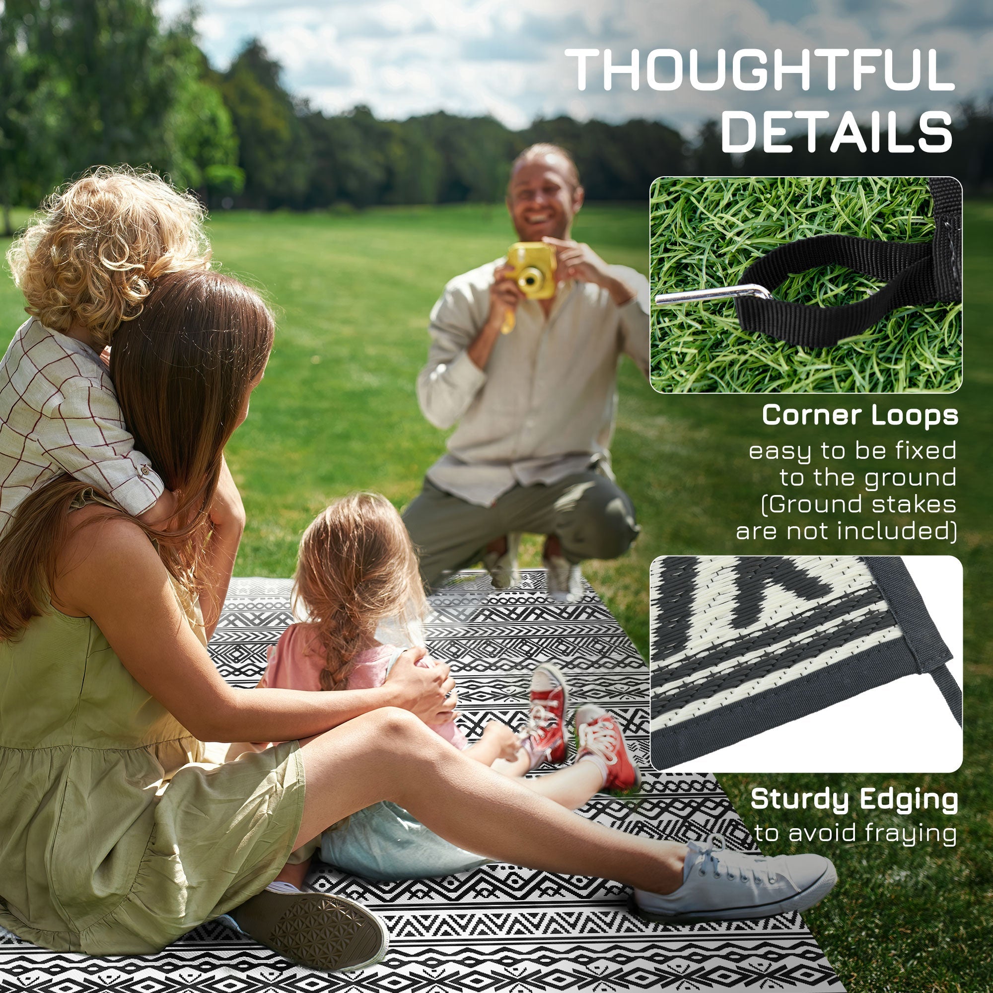 Outsunny 8x10ft Grey Cream White Boho Reversible Outdoor Rug Waterproof Plastic Straw with Carry Bag 