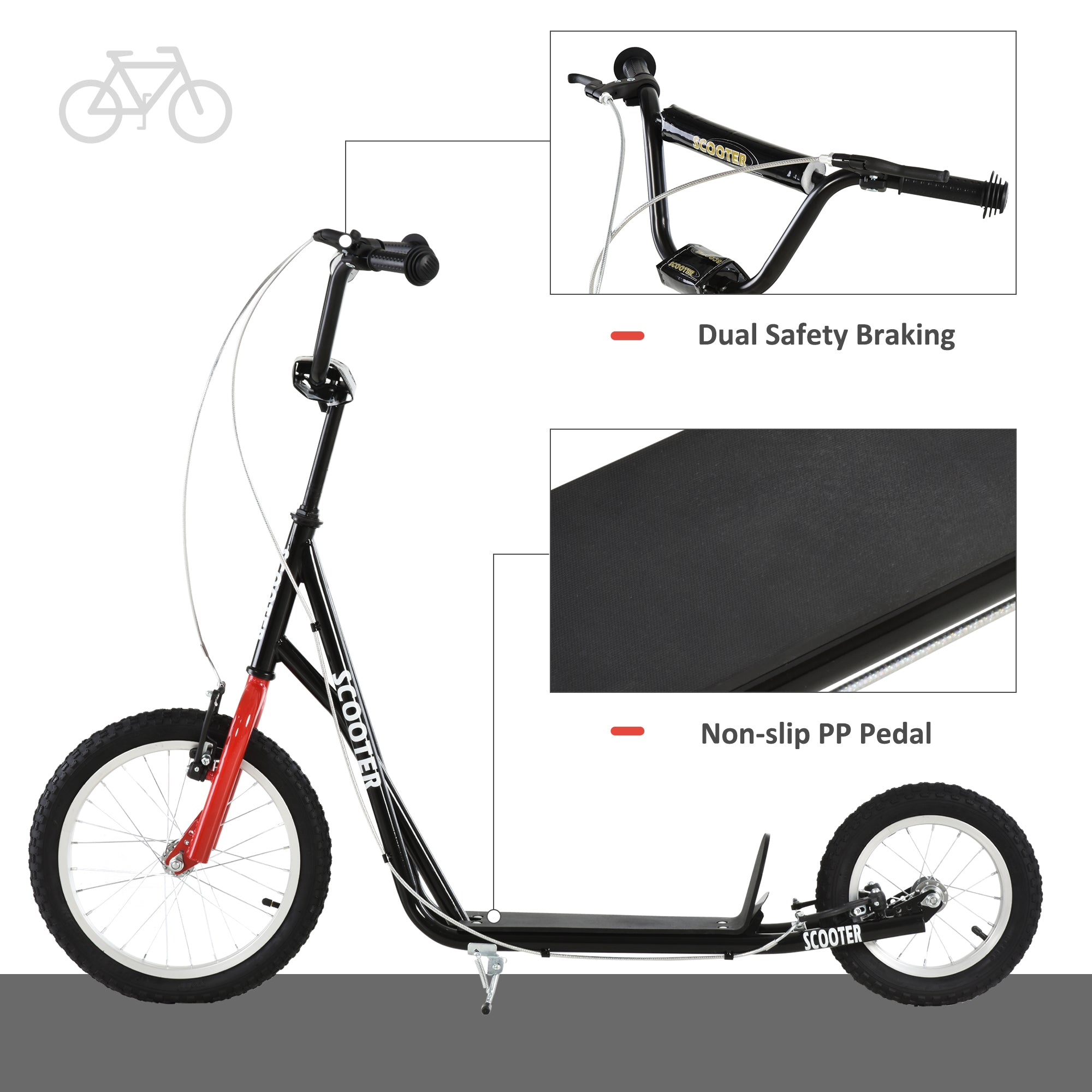 Aosom Teens Youth Kick Scooter Adjustable Handlebar Ride On Toy For 5+ w/ Front and Rear Dual Brakes Inflatable Wheels Black 