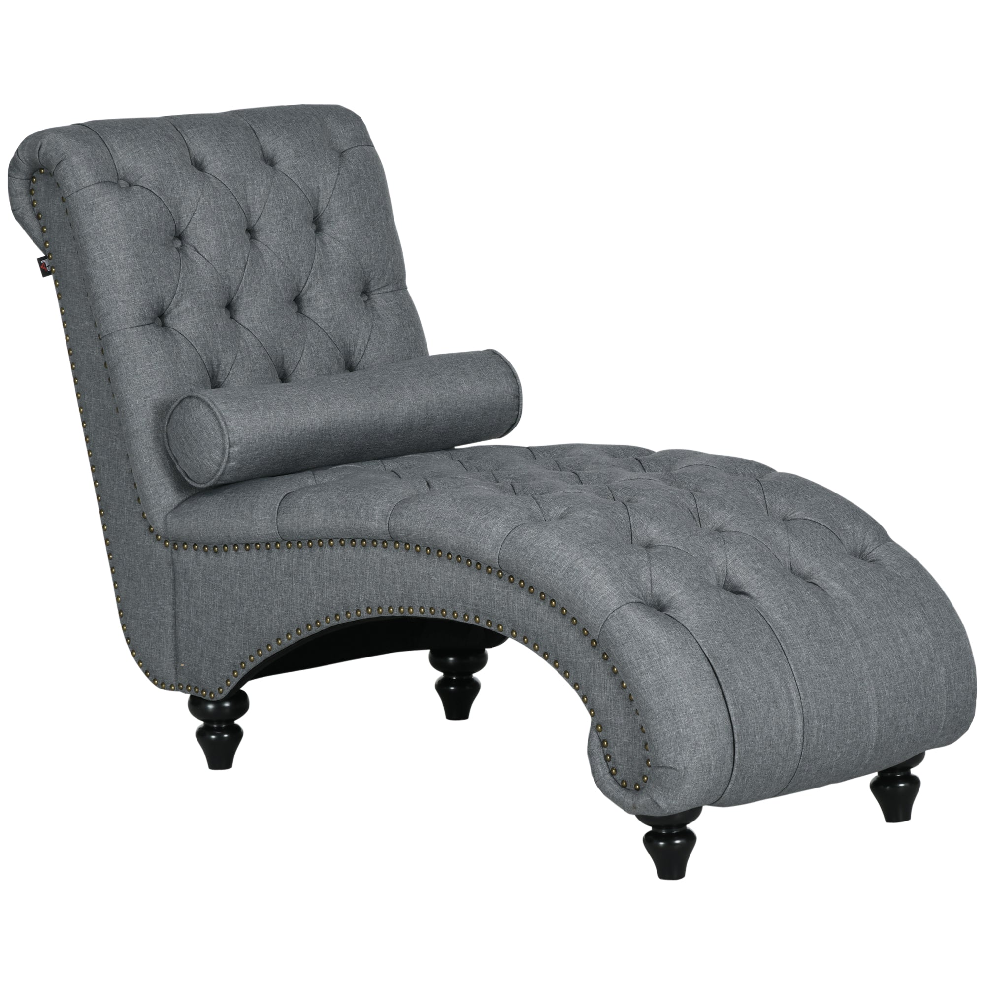 HOMCOM Button Tufted Chaise Lounge Chair Grey Indoor Upholstered with Bolster Pillow Wood Legs Nailhead Trim 