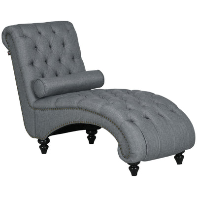 HOMCOM Button Tufted Chaise Lounge Chair Grey Indoor Upholstered with Bolster Pillow Wood Legs Nailhead Trim 