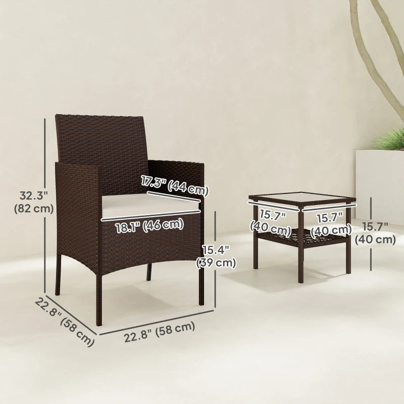 Wicker Bistro Set, 3 Piece Patio Furniture Set with 2-Tier Glass Top Table, Cushions for Balcony, Porch, Beige