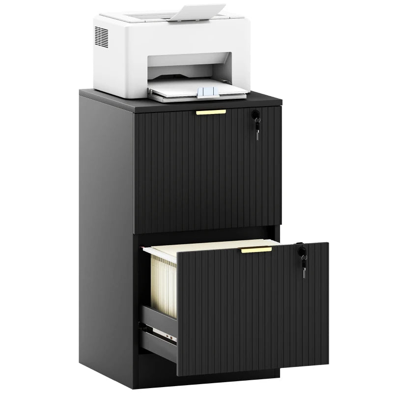 Lockable Filing Cabinet with 2 Fluted Drawers, File Cabinet with Adjustable Hanging Rails for A4 Letter Files, Black