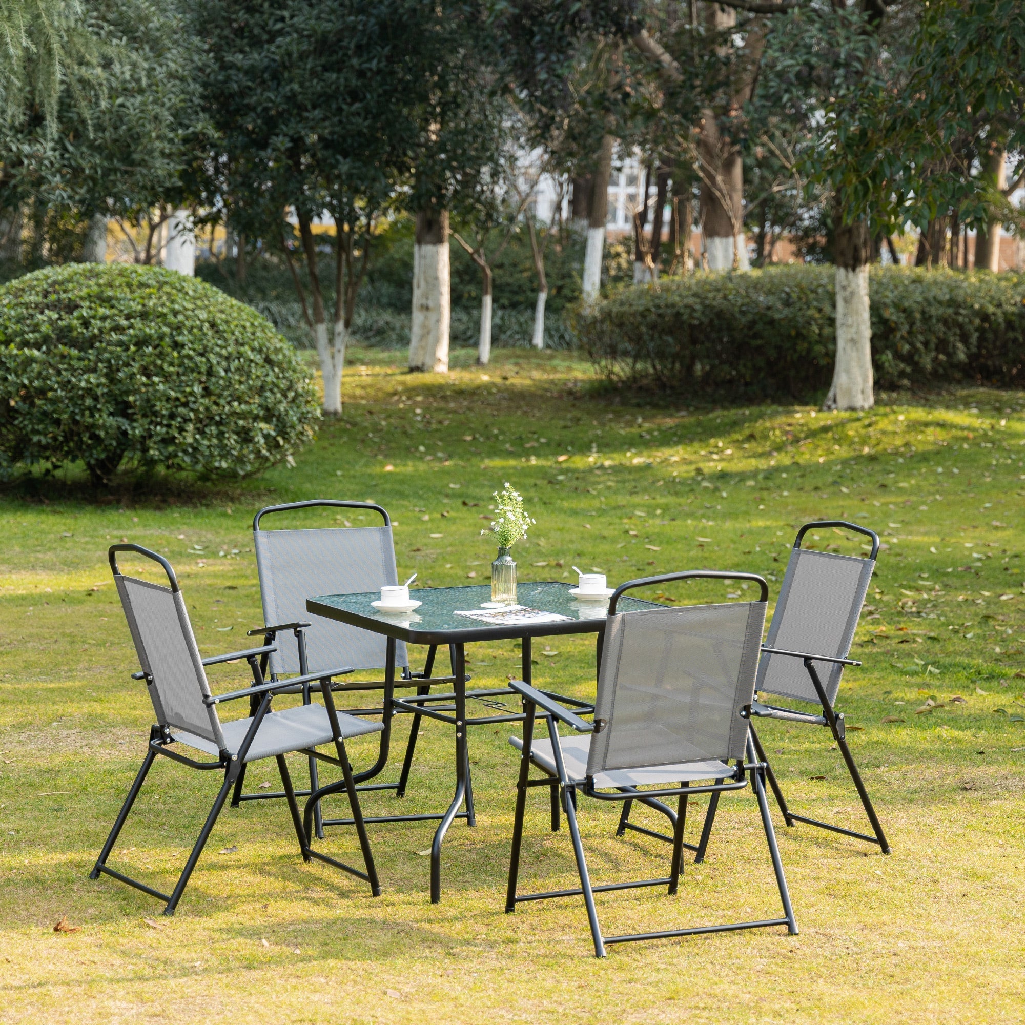 Outsunny 5 Pieces Patio Table and Chairs, Outdoor Dining Set with 4 Folding Chairs, Glass Tabletop and Parasol Hole, Grey 