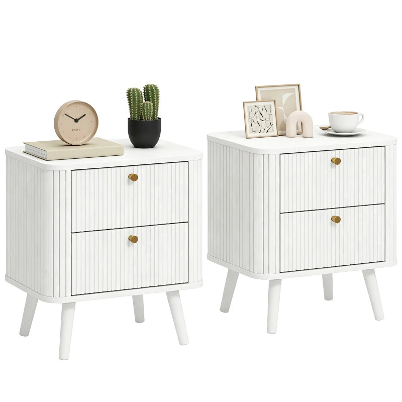 Modern Nightstand Set of 2 with 2 Drawers, White Wood Grain Bedside Tables with Gold Handles