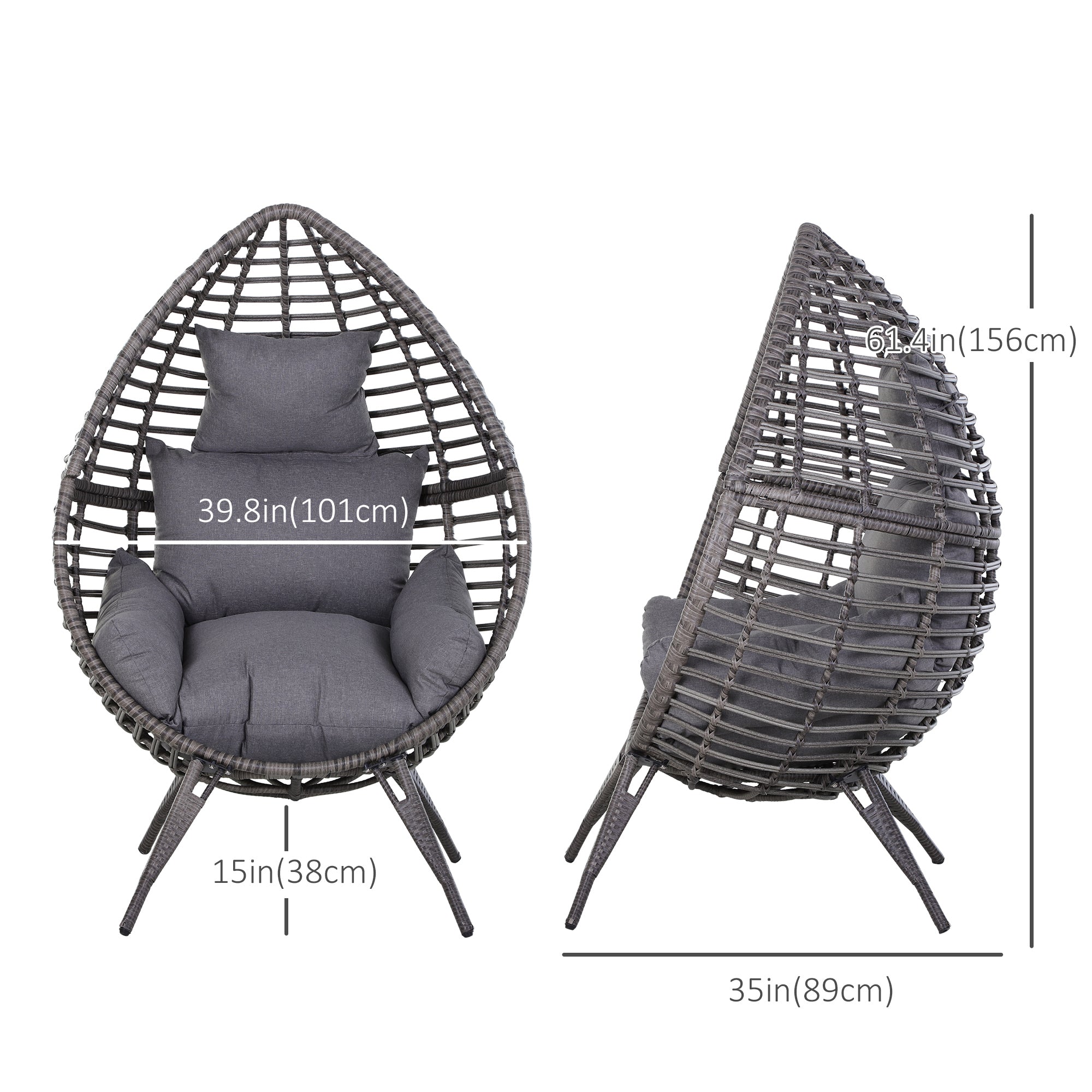 Outsunny Rattan Wicker Egg Chair Lounge Chair with Cushion Outdoor Indoor Adjustable Grey 352lbs Capacity 