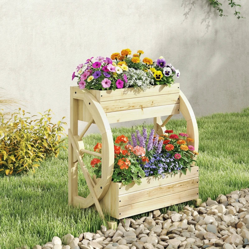 Wooden Wagon Planter Box, 2-Tier Raised Garden Bed, for Vegetables Flowers Herbs, Natural