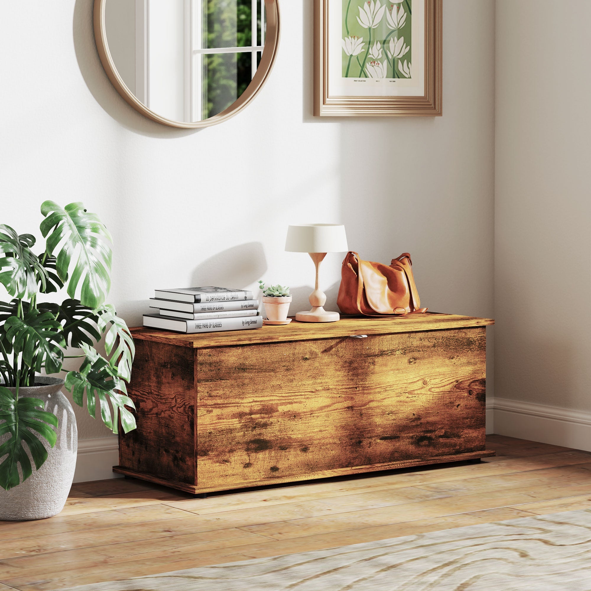 HOMCOM 39.5" Storage Chest with 2 Safety Hinges, Storage Box Organizer with Flip-Top Lid, Entryway Storage Bench, Rustic Brown 