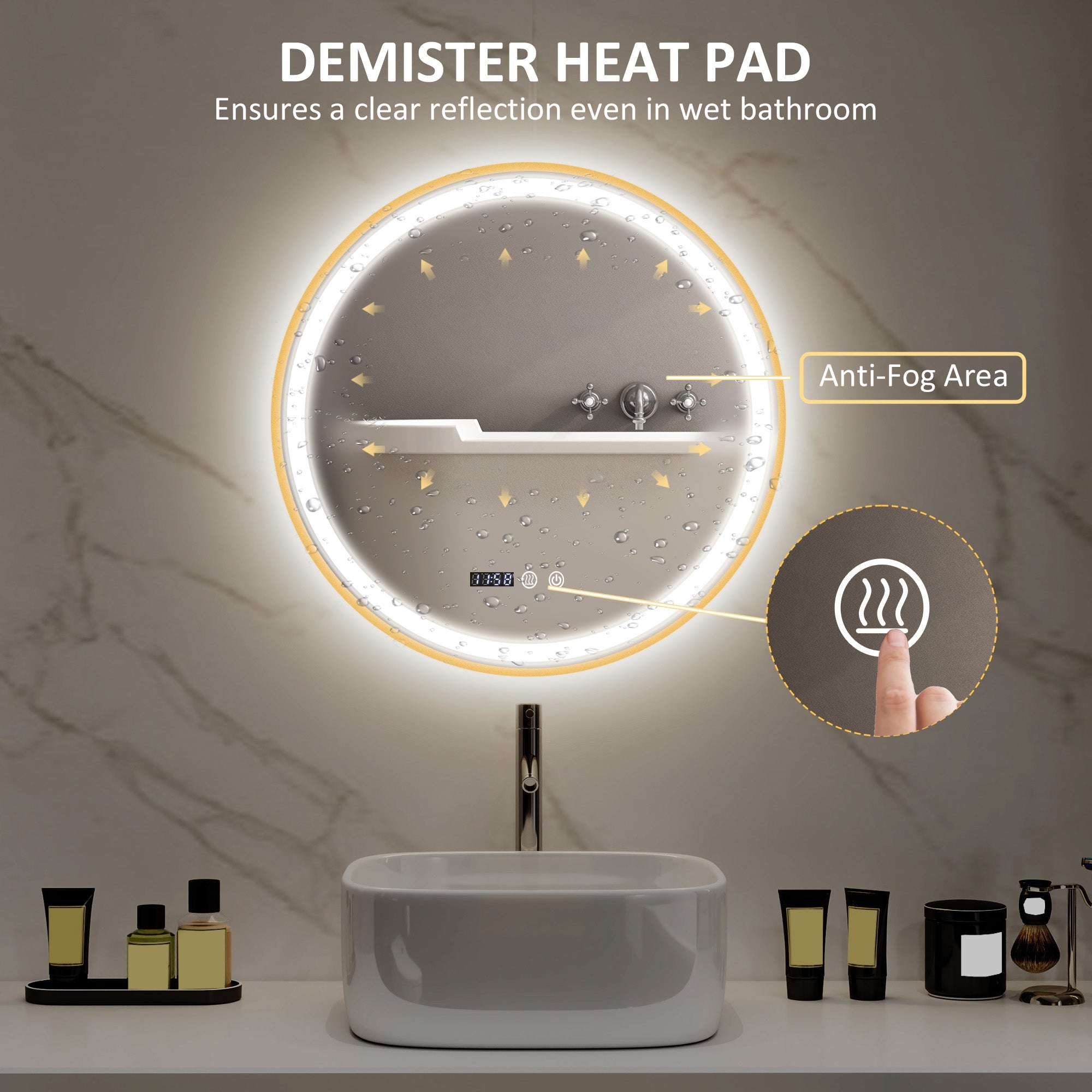 HOMCOM 28" Round Bathroom Mirror with LED Lights, Wall Mounted Vanity Mirror with Anti-Fog Pad, Time and Temp Display, Gold 