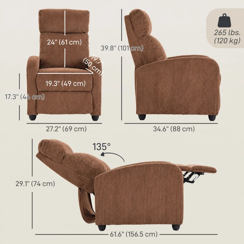 Corduroy Push Back Recliner Chair for Living Room & Home Theater – Manual Reclining Chair