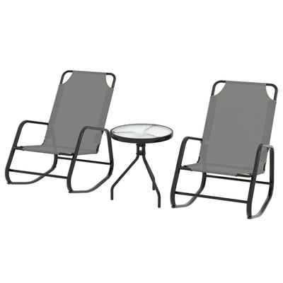 Outsunny Patio Rocking Chairs Set of 2, 3 Pieces Patio Bistro Set with Metal Frmae, Breathable Mesh Fabric Seat for Garden, Deck, Grey 