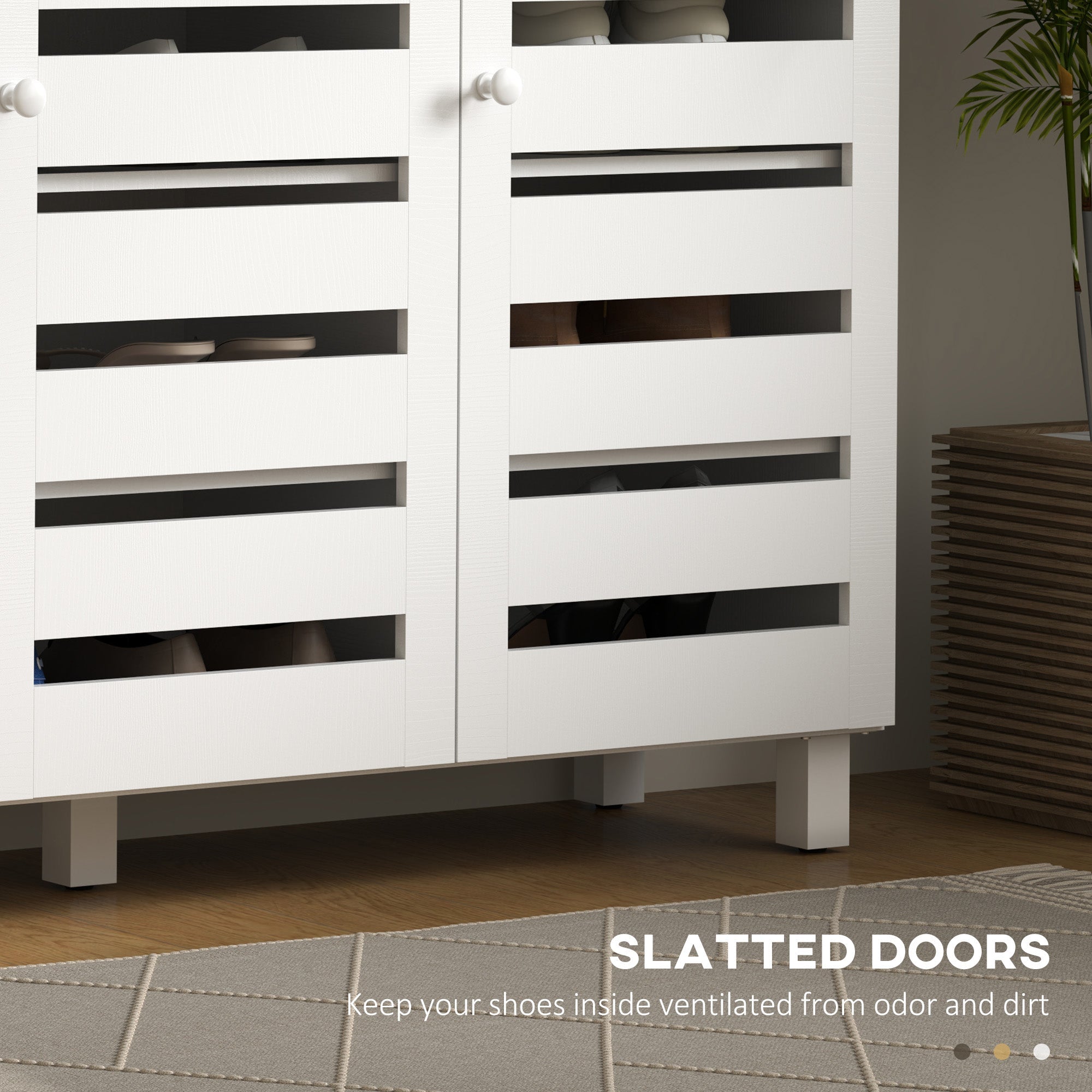 HOMCOM Shoe Cabinet with 3 Slatted Doors, 3-tier Shelving Rack Cabinet with Adjustable Shelves for 15 Pairs of Shoes, White 