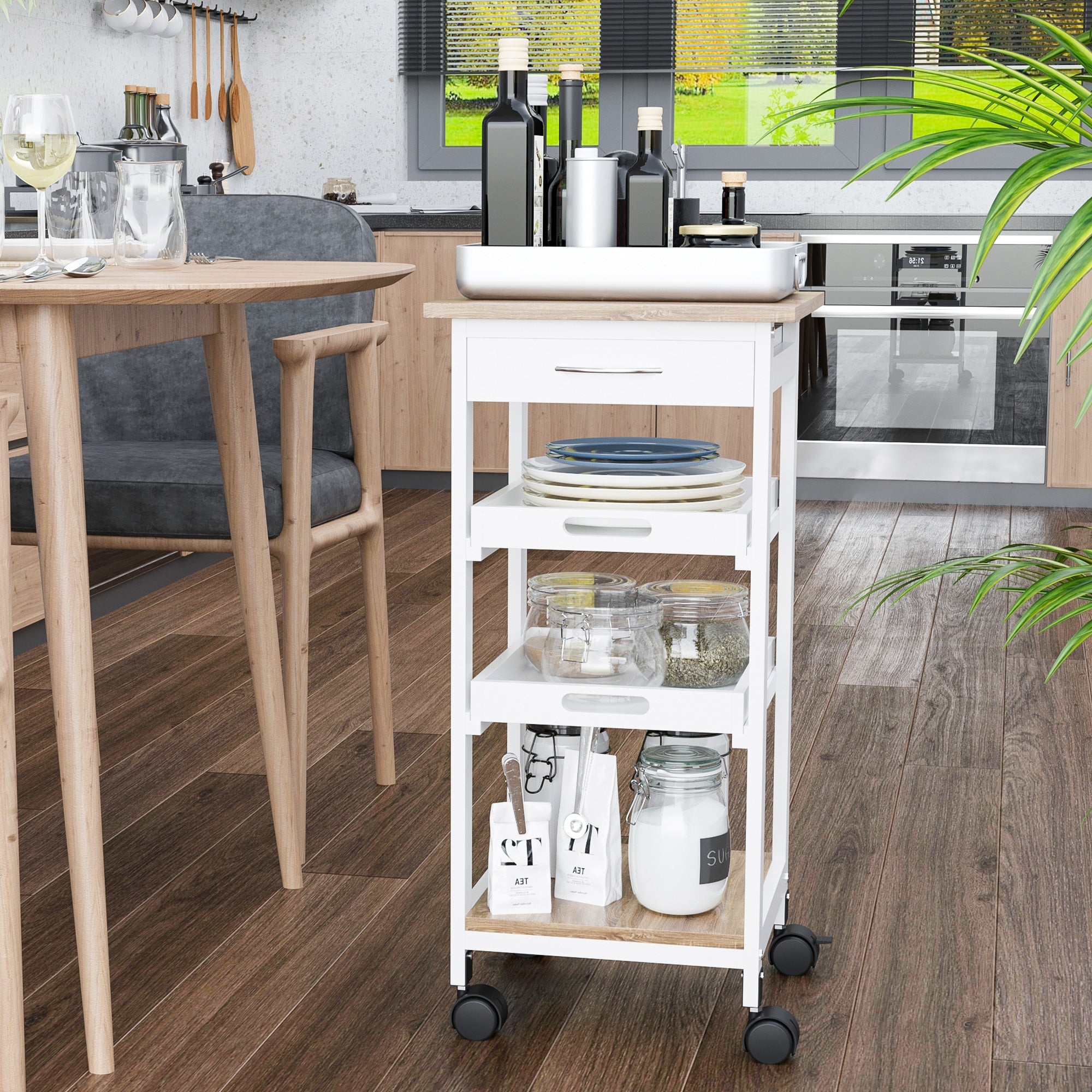 HOMCOM Culinary Caddy: 4-Tier Serving Trolley Kitchen Cart with Drawer, Pull Out Trays, Rolling Wheels for Dining Room, White Finish 