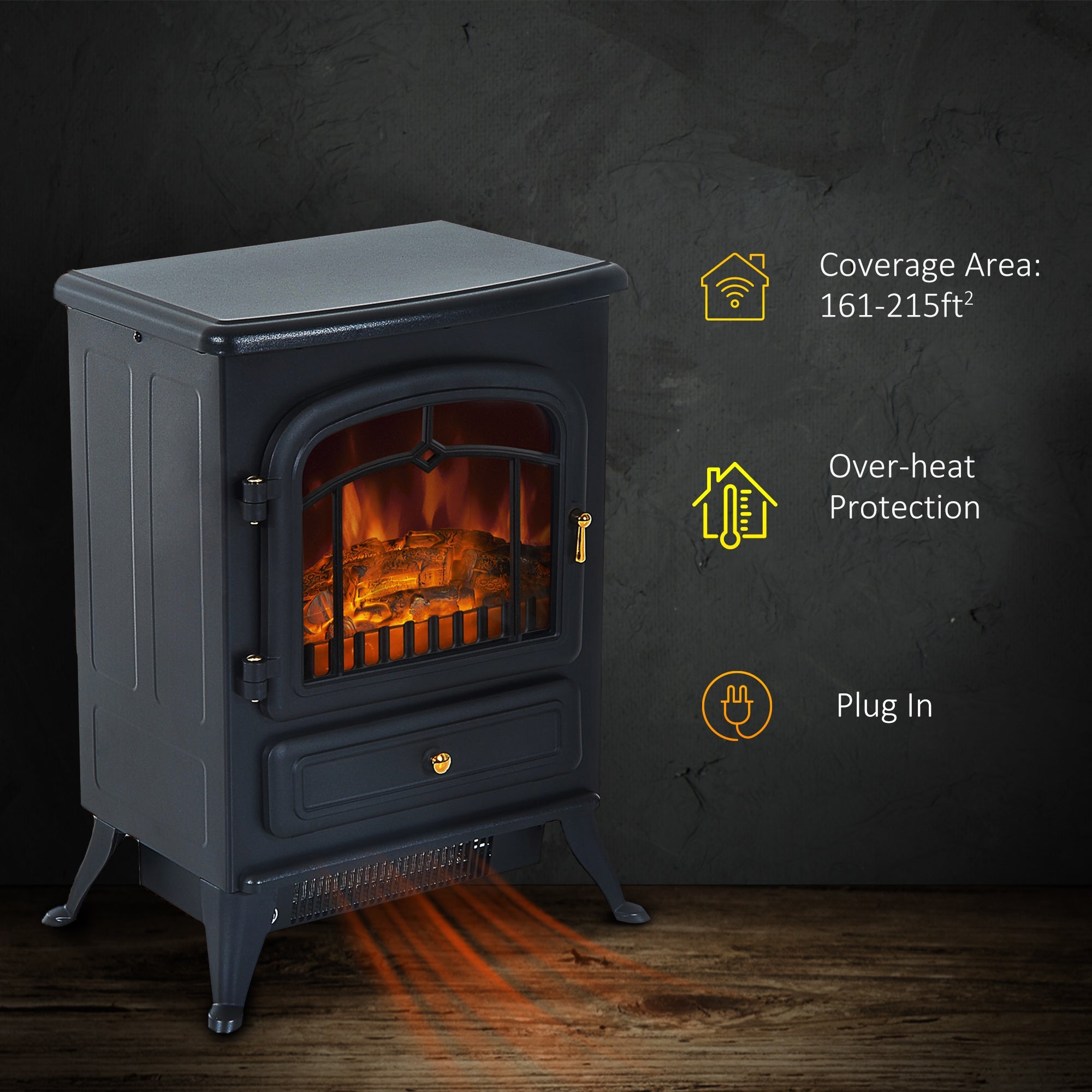 HOMCOM 16" Freestanding Electric Fireplace Heater Fire Stove with Wood Burning Flame 750/1500W Black 