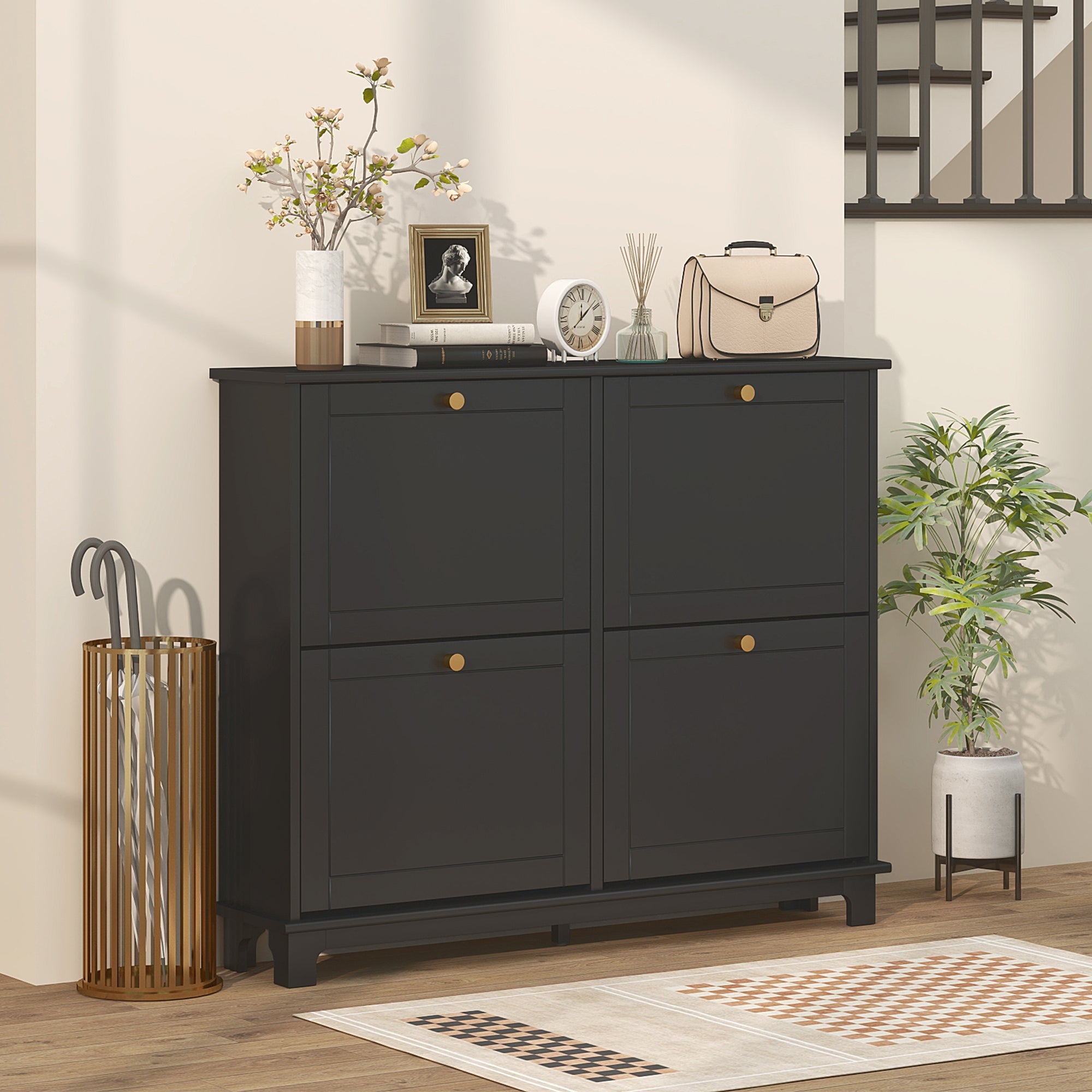 HOMCOM Modern Shoe Storage Cabinet, Narrow Shoe Cabinet with 4 Flip Drawers, Adjustable Shelves, 5 Legs for Entryway, Black 