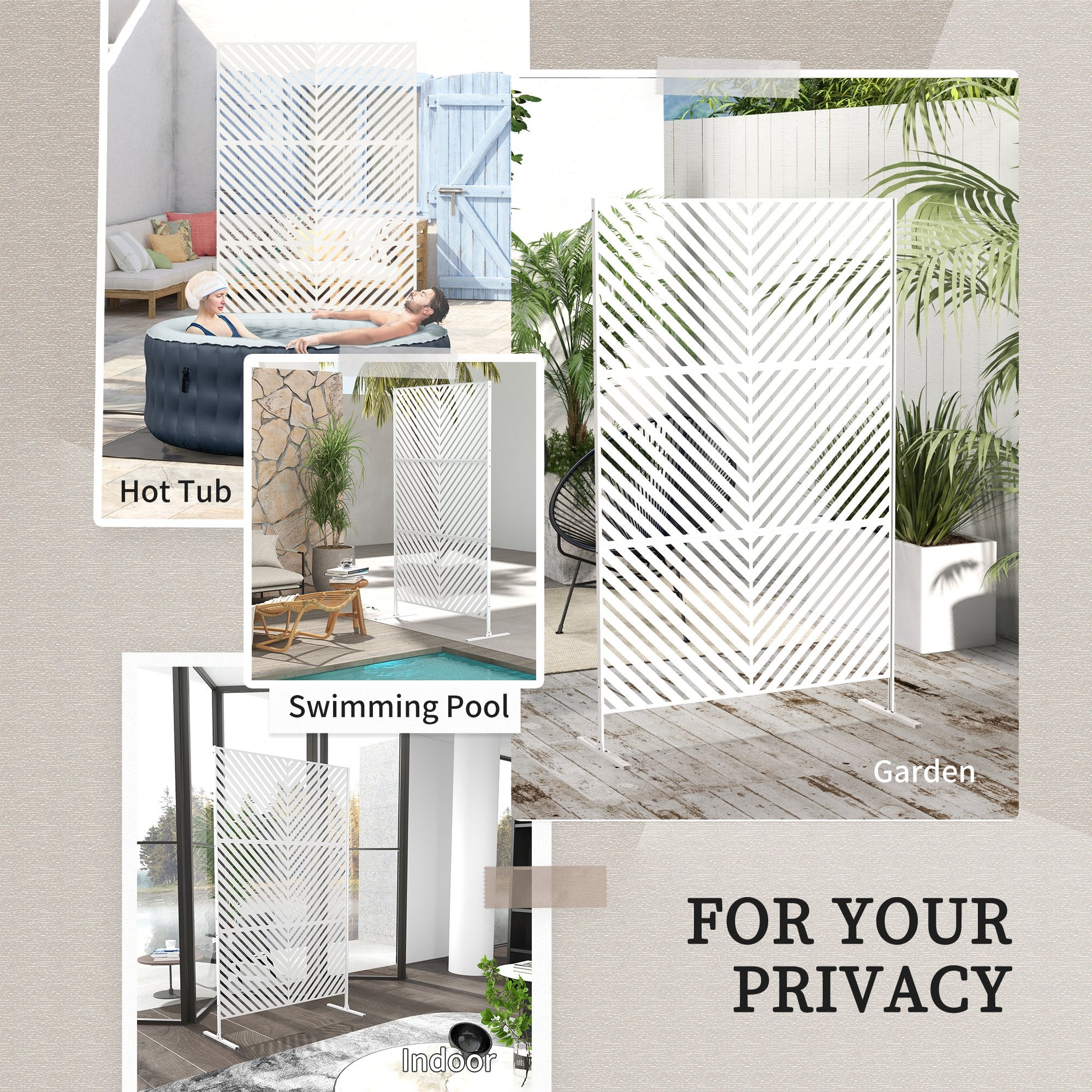 Outsunny 6.5FT Decorative Outdoor Divider, Metal Privacy Screen with Stand, Triangle Style, White 