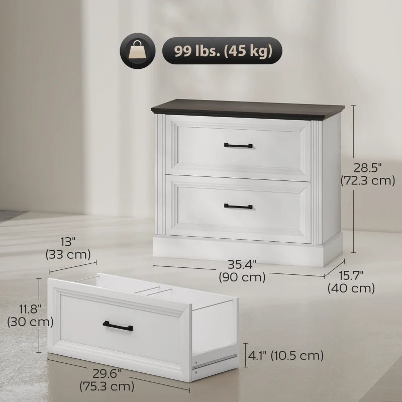 Lateral Filing Cabinet, Farmhouse File Cabinet with 2 Silent Drawers for Letter/A4/Legal Size Files, White