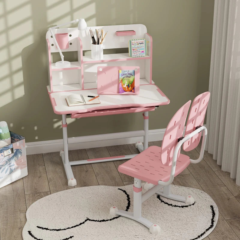 Qaba Adjustable Height Kids Desk and Chair Set, Kids Study Table and Chair with Tilt Desktop, Drawer, Reading Rack, Pink