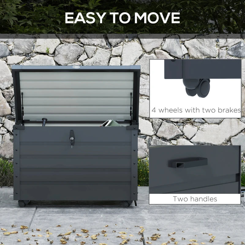 78 Gallon Garden Storage Box, Waterproof Outdoor Storage Container with Wheels and Handles, Dark Grey