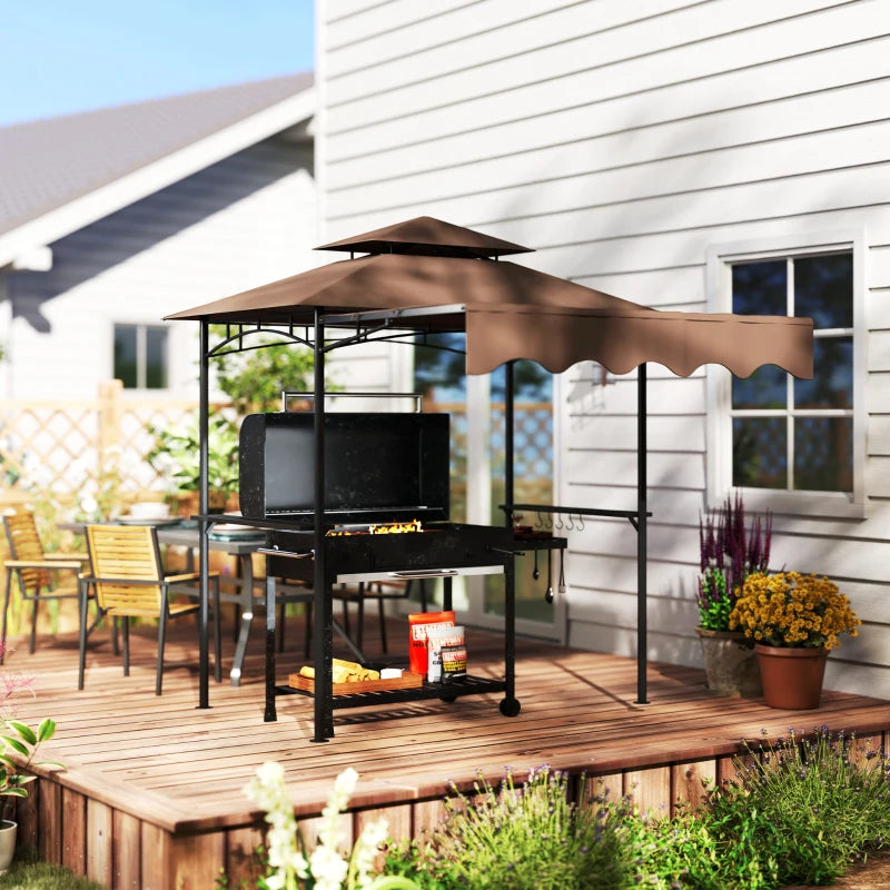 8' x 7.6' Grill Gazebo, Double Tiered Barbecue Grill Gazebo Shelter w/ Side Awning, 2 Side Shelves, 6 Hooks, Brown