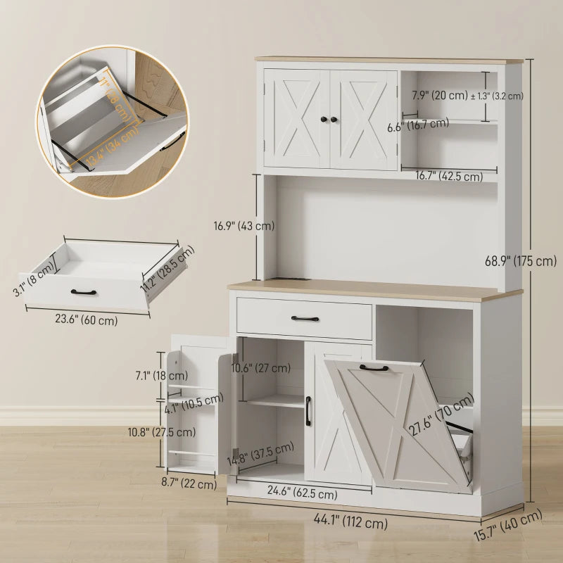 69" Pantry Cabinet with Charging Station, Kitchen Cabinet with Microwave Stand, Tilt-Out Trash Can Cabinet, White