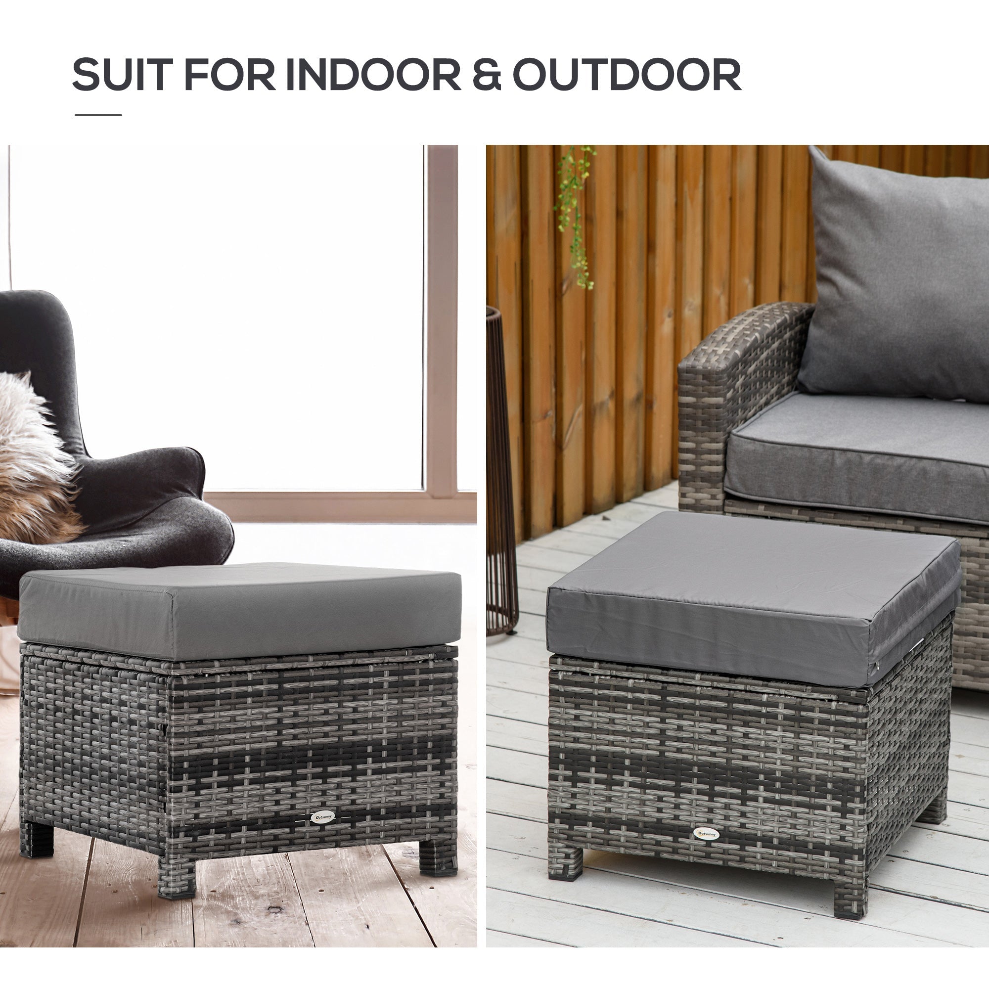 Outsunny Rattan Patio Ottoman, Outdoor Wicker Footrest with Cushion, Metal Frame for Garden, Poolside, Gray 