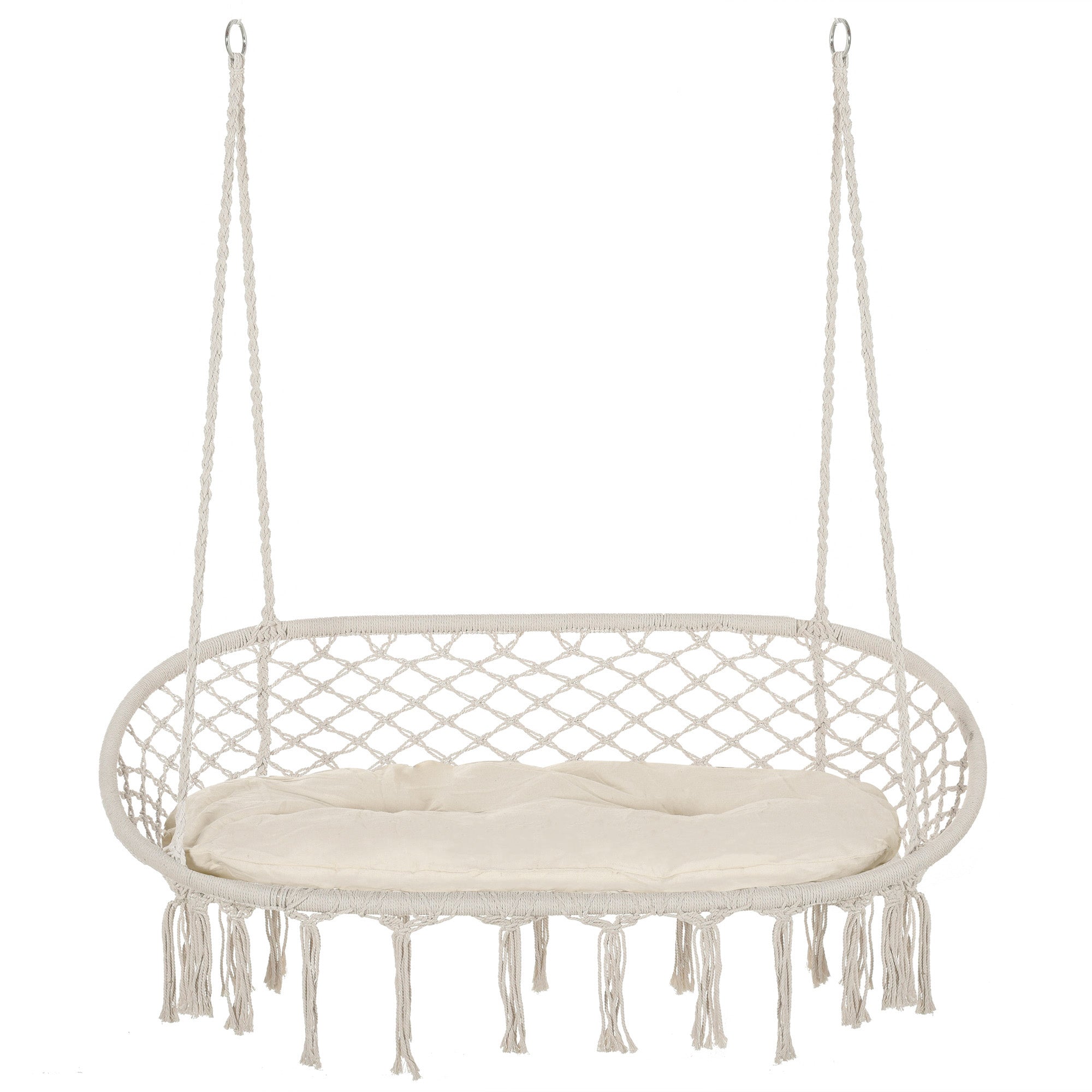Outsunny Patio Hammock Chair 2 Seat, Hanging Rope Hammock Swing Chair with Metal Frame and Cushion, Large Macrame Seat for Indoor and Outdoor 396 lbs Capacity, Cream White 