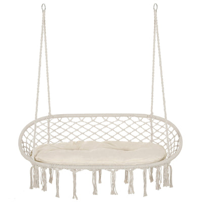 Outsunny Patio Hammock Chair 2 Seat, Hanging Rope Hammock Swing Chair with Metal Frame and Cushion, Large Macrame Seat for Indoor and Outdoor 396 lbs Capacity, Cream White 