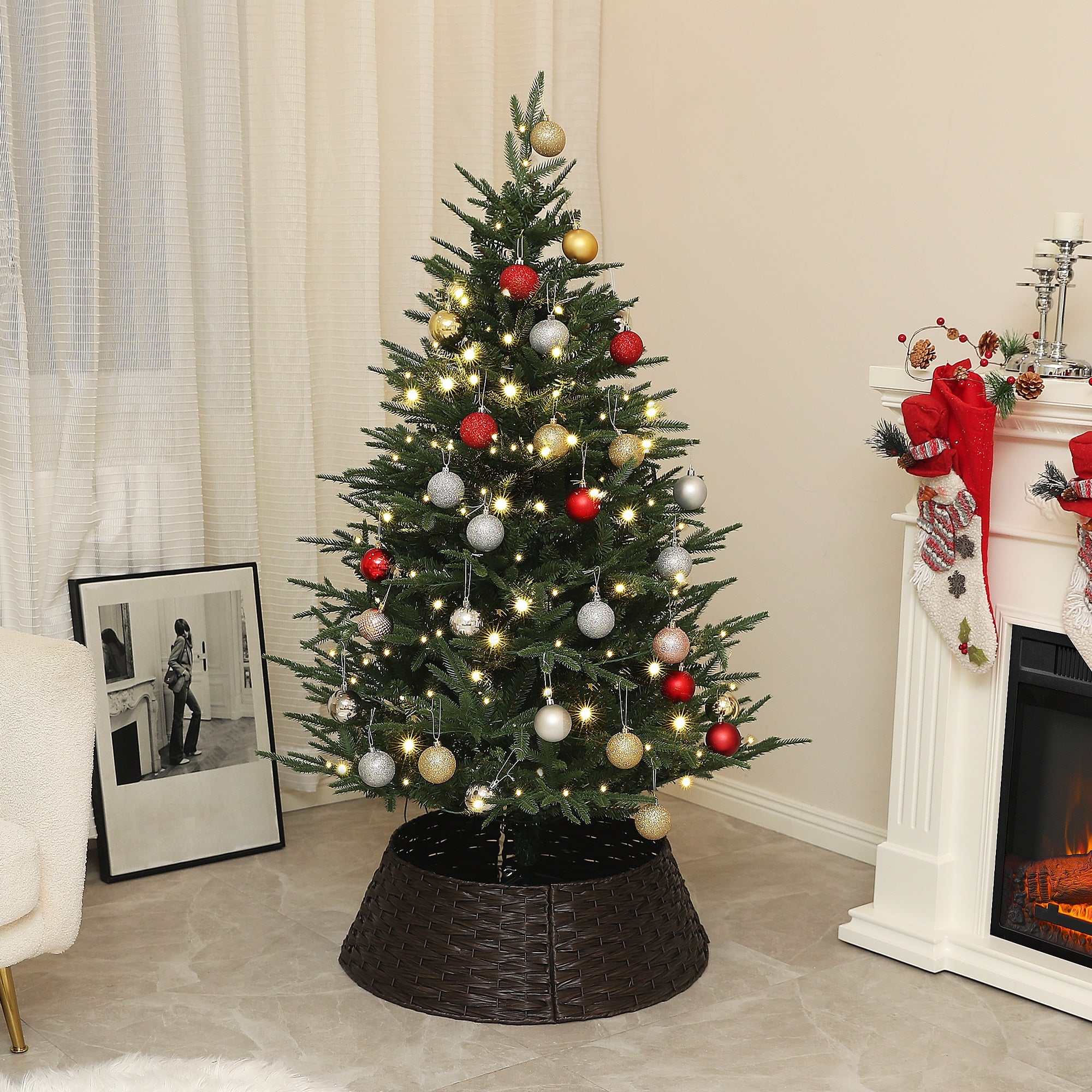 HOMCOM 5ft Prelit Artificial Christmas Tree with 542 Tips, Warm White LED Lights, Steel Base, Hinged Xmas Tree, Auto Open 