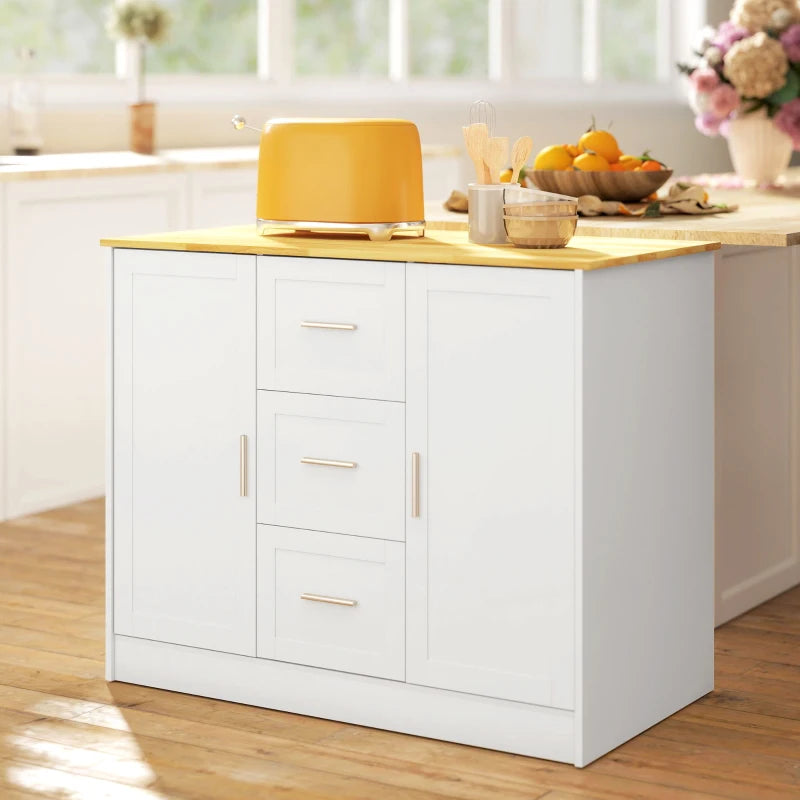 Kitchen Island with Storage Cabinets, Spacious Countertop 3 Drawers, 2 Adjustable Shelves and Sitting Space for Dining Room, White