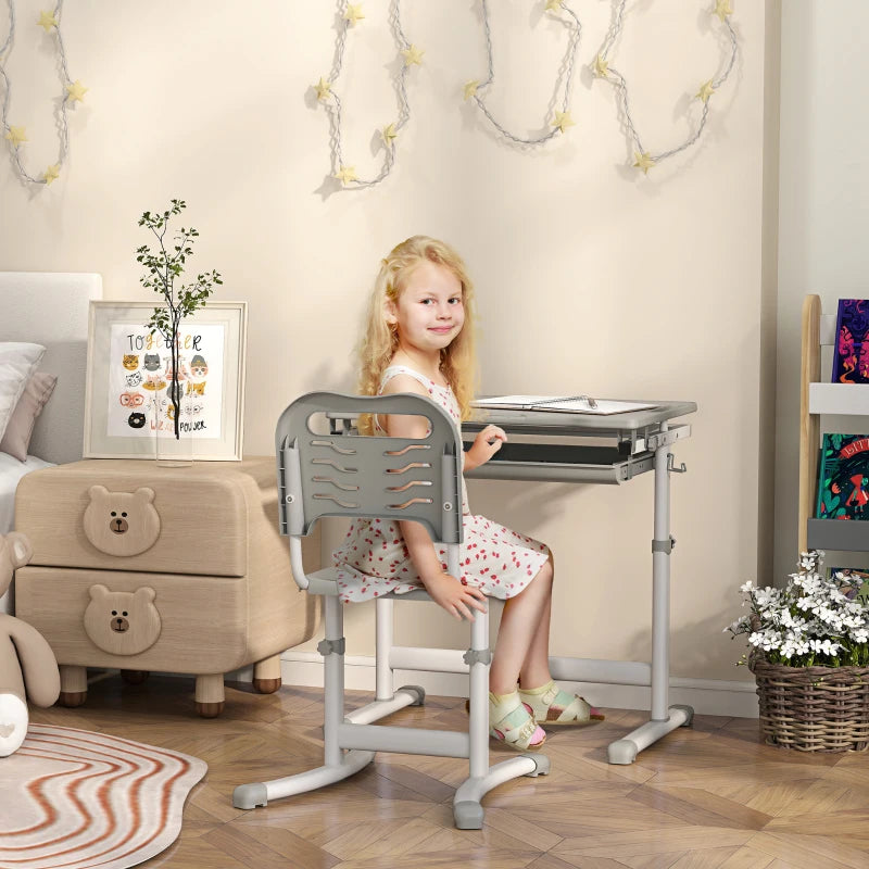 Qaba Height Adjustable Study Table and Chair Set with Drawer, Pen Slot, Tiltable Desktop, Hook, Grey