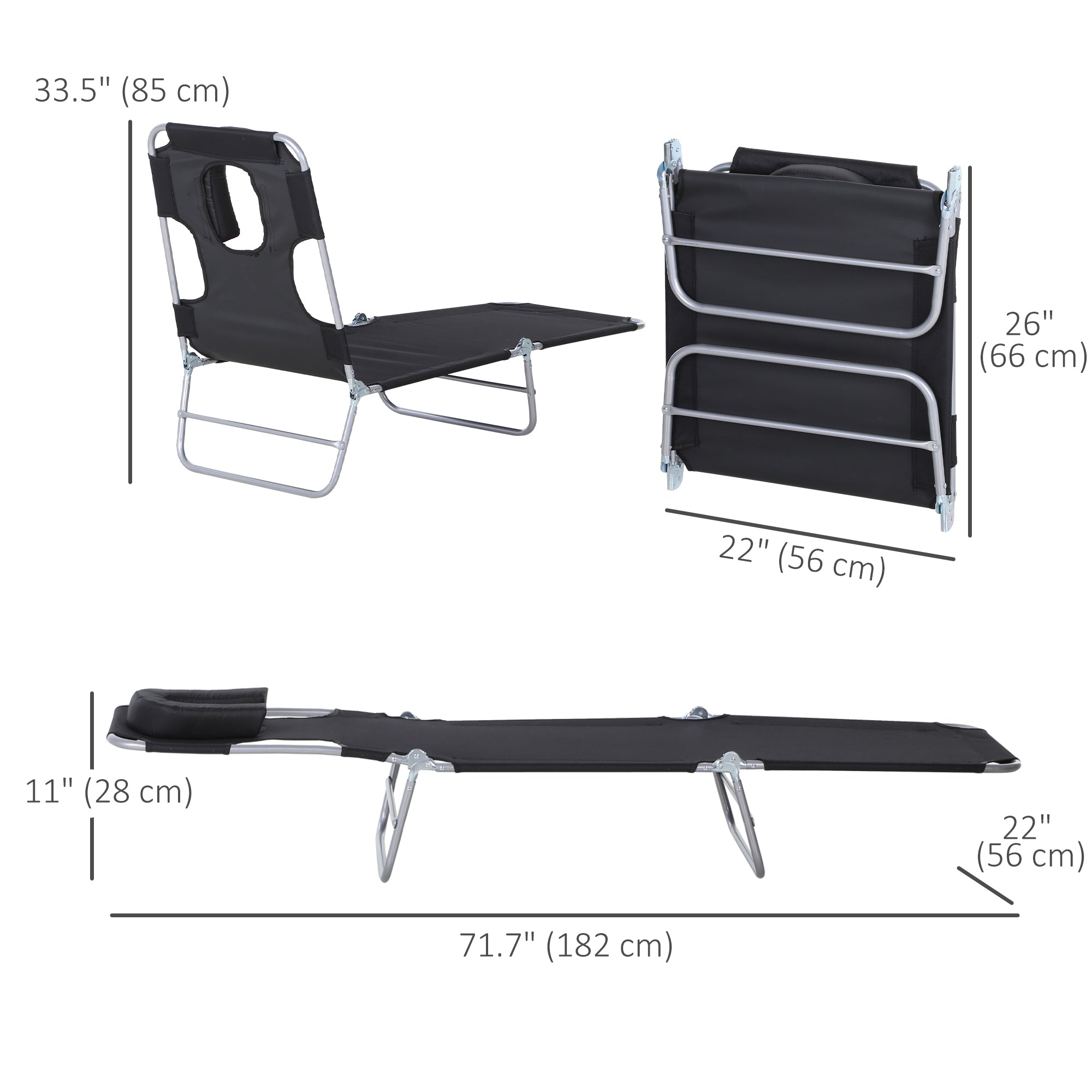 Outsunny Adjustable Folding Chaise Lounge with Face Hole Beach Camping Recliner Sunbed Black 