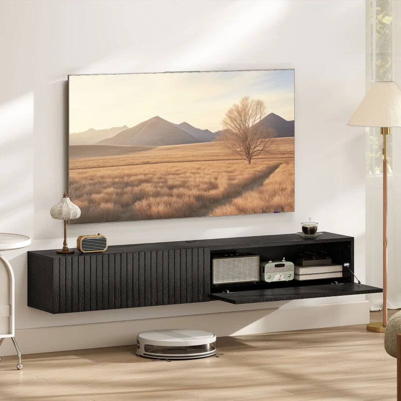 55" Floating TV Stand for TVs up to 72 Inch, Wall Mount Media Console with 2 Fluted Flip-Down Doors, Cable Hole, Black