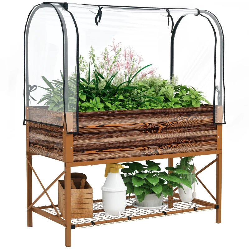 Raised Garden Bed with Cover, Metal Elevated Planter Box with Bottom Shelf and Liner, Dark Brown Wood Effect