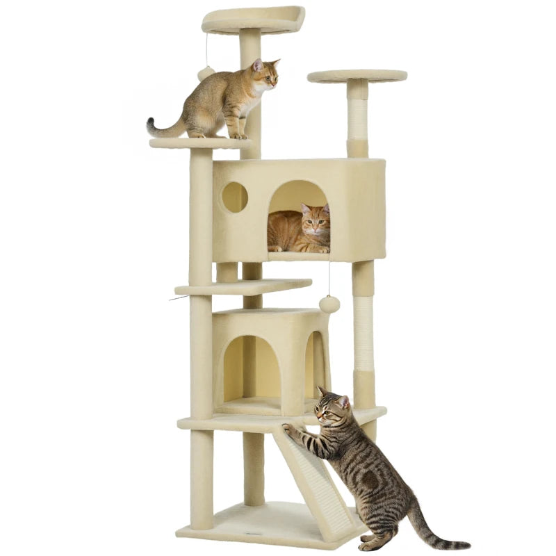 63" Cat Tree, Multi-Level Cat Tower with Scratching Posts, Cat Condos, Bed, Platforms, Ramp, Toy Ball, Cream White