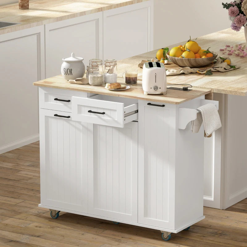 Kitchen Island on Wheels with Wood Drop Leaf, Charging Station, Rolling Kitchen Cart with Adjustable Shelf, White