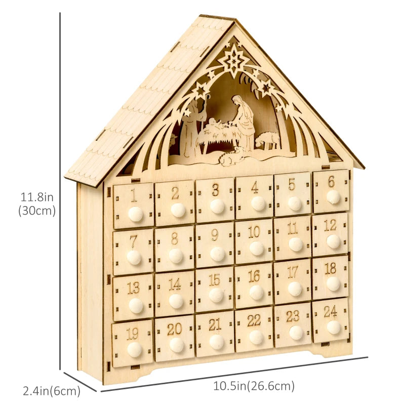HOMCOM Wooden Christmas Advent Calendar – 24 Fillable Countdown Drawers with LED Lights, Battery Operated, Reusable 
