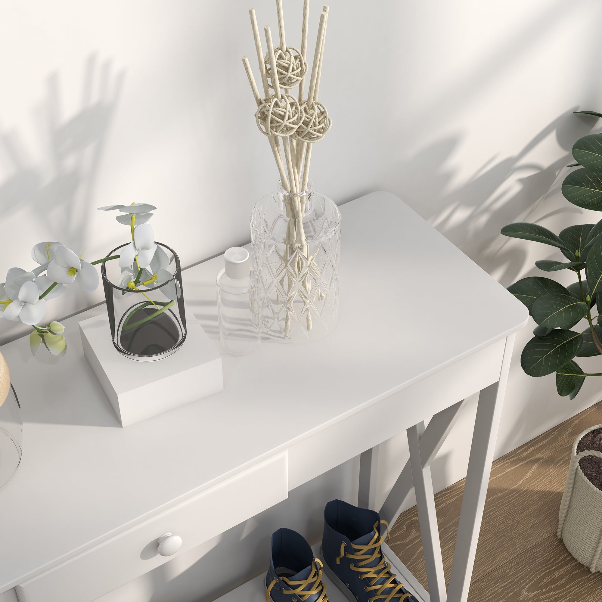 HOMCOM Narrow Console Table Entryway with Drawer Storage Shelf X-frame Slim Sofa Table for Living Room Hallway White 