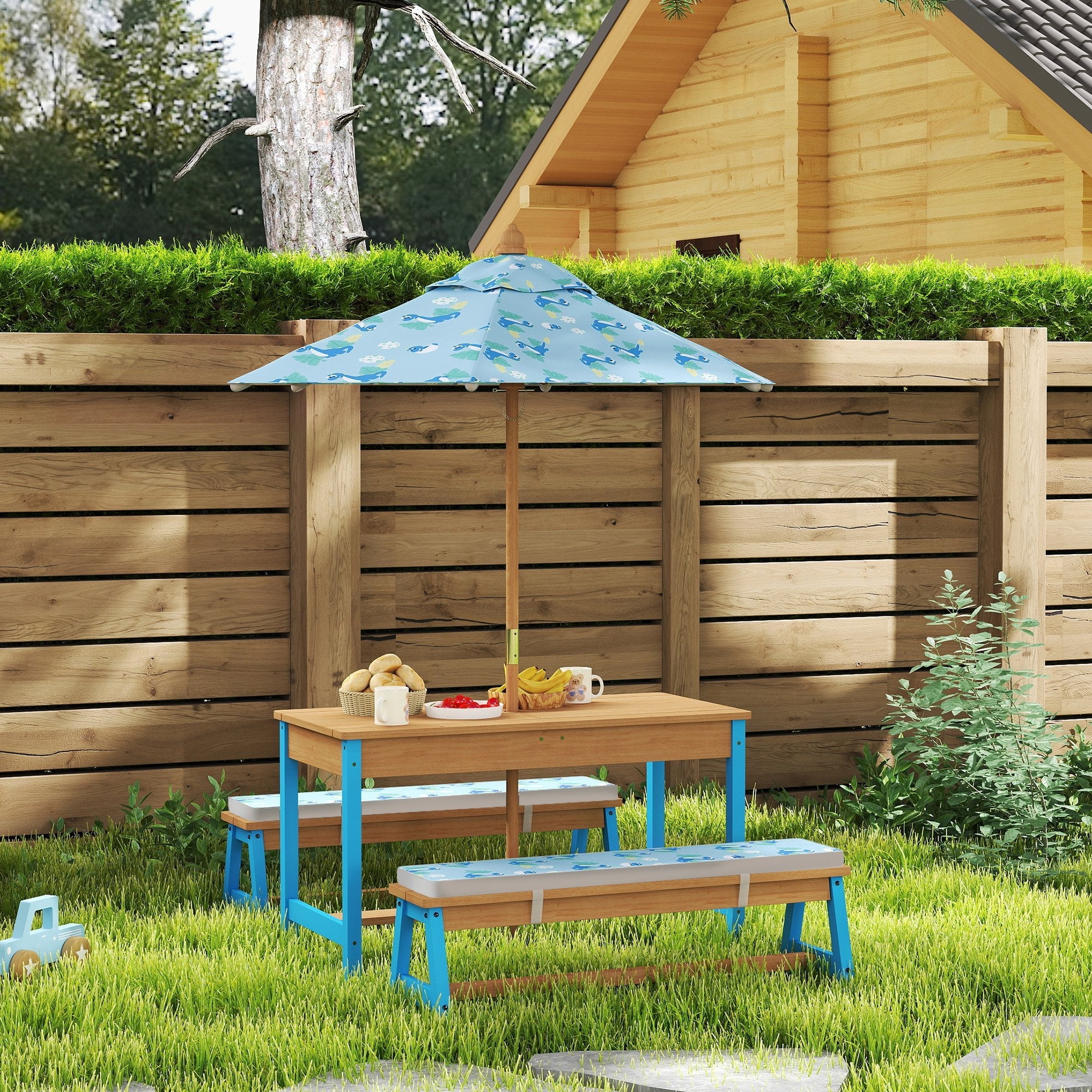 Qaba Kids Picnic Table and Bench Set with Removable Umbrella, Cushions & Boxes, Dinosaur Theme for Outdoor, Blue 
