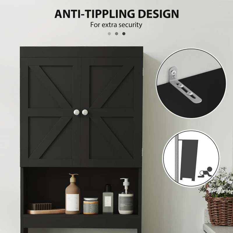 Over The Toilet Cabinet, Modern Bathroom Above Toilet Storage with Barn Doors and Open Shelf, Black