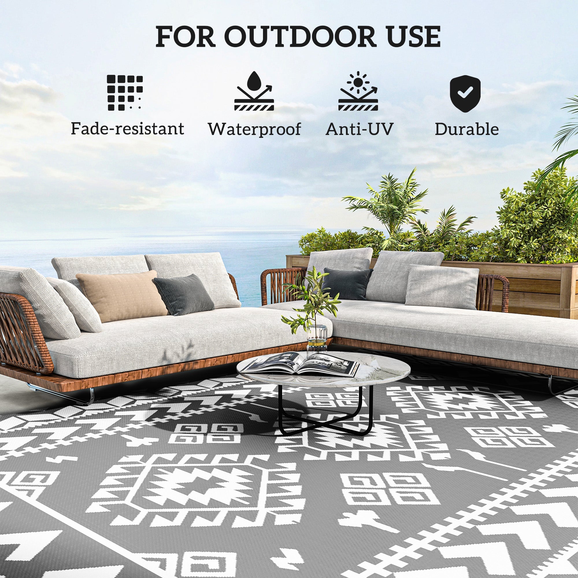 Outsunny 9' x 12' Outdoor RV Rug, Reversible Patio Floor Mat with Carry Bag, Rhombus Patchwork, Grey and White 