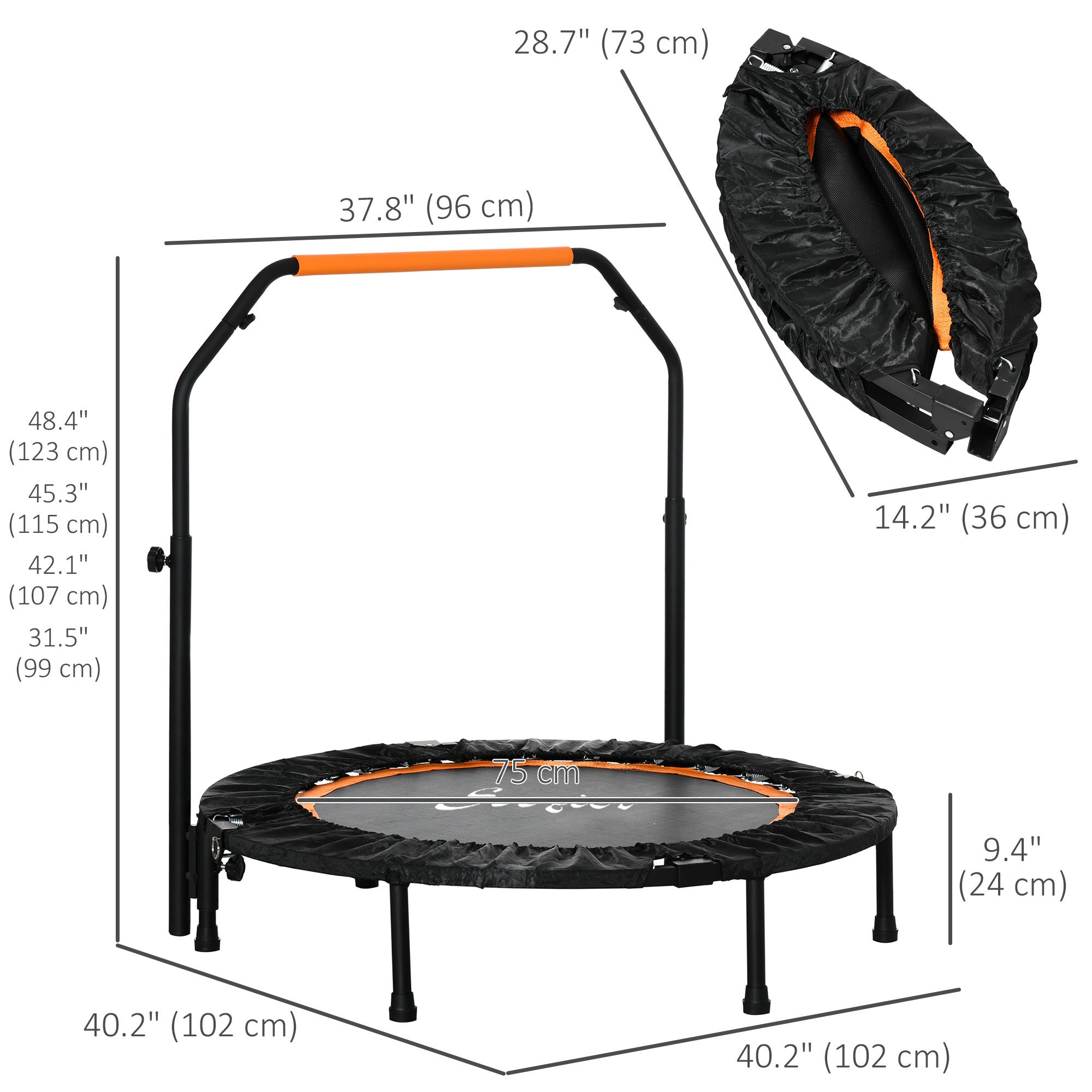 Soozier 40" Foldable Mini Fitness Trampoline, with Adjustable Foam Handle, Orange 