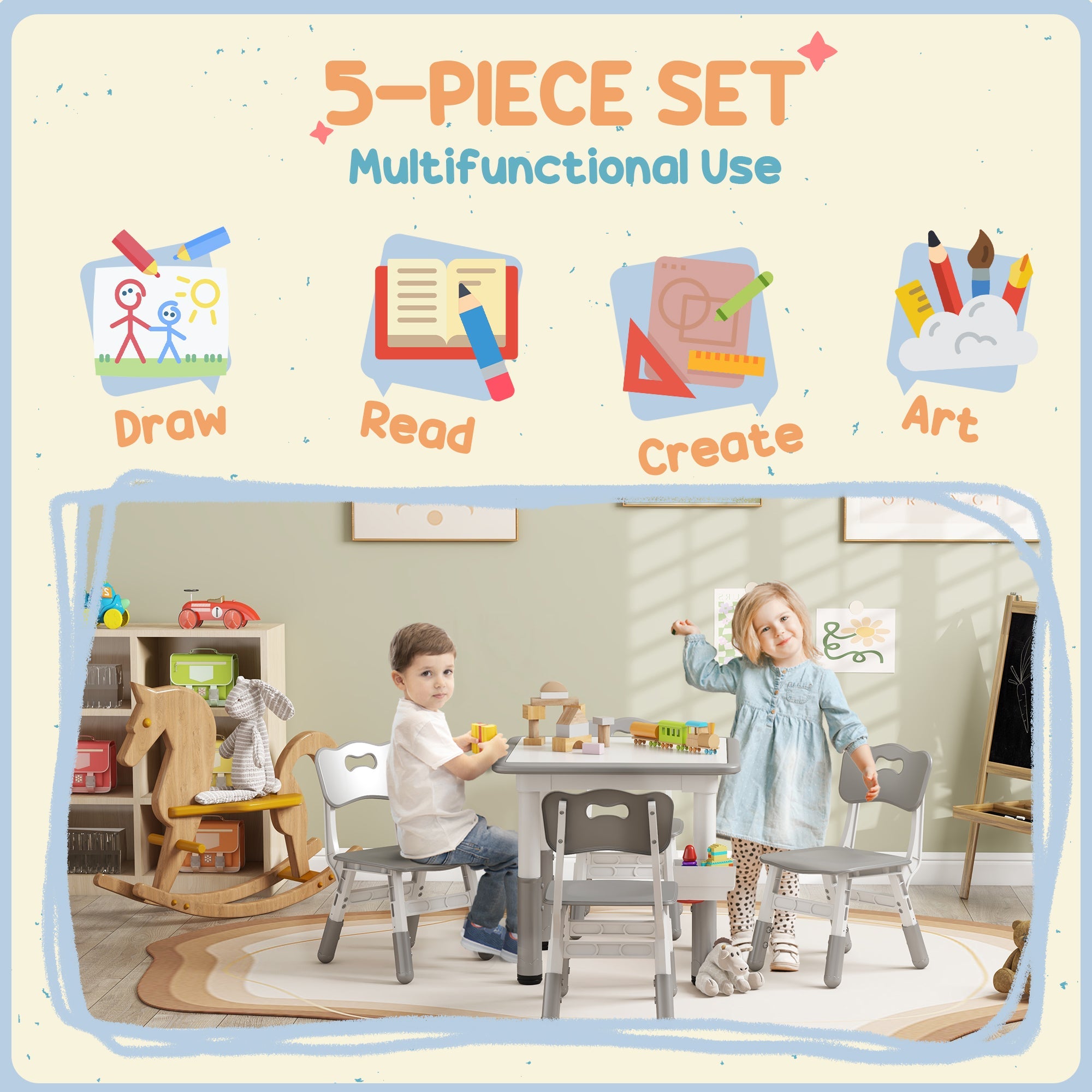 Qaba 5 Piece Toddler Table Chair Set Height Adjustable Activity Set Nursery Classroom Playroom Furniture Grey 