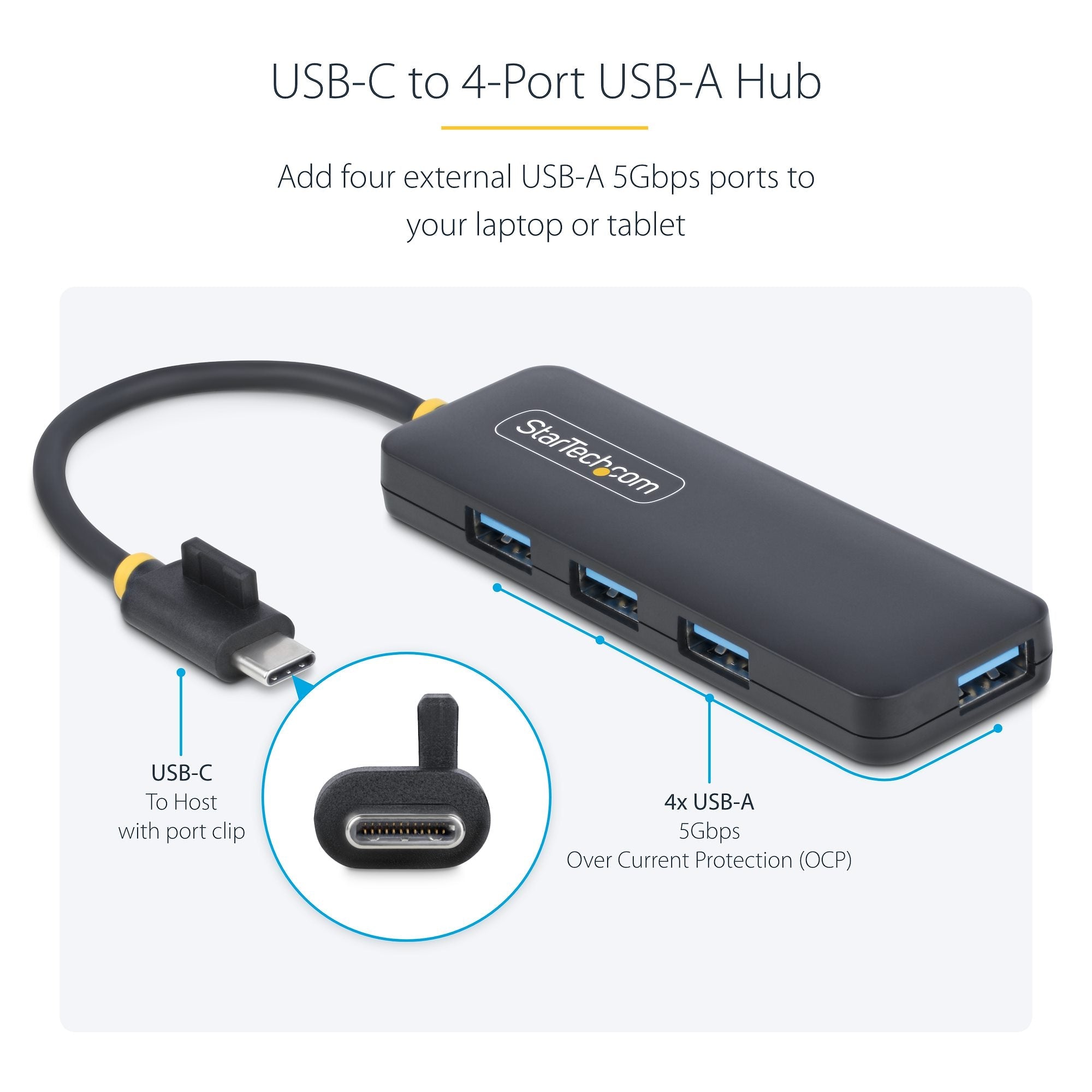 4-Port USB-C Hub, 5Gbps, USB-C to 4x USB-A, Bus Powered, Small Travel Mini Hub, Multi-Port USB 3.0 Splitter, Portable Hub, Overcurrent Protection 
